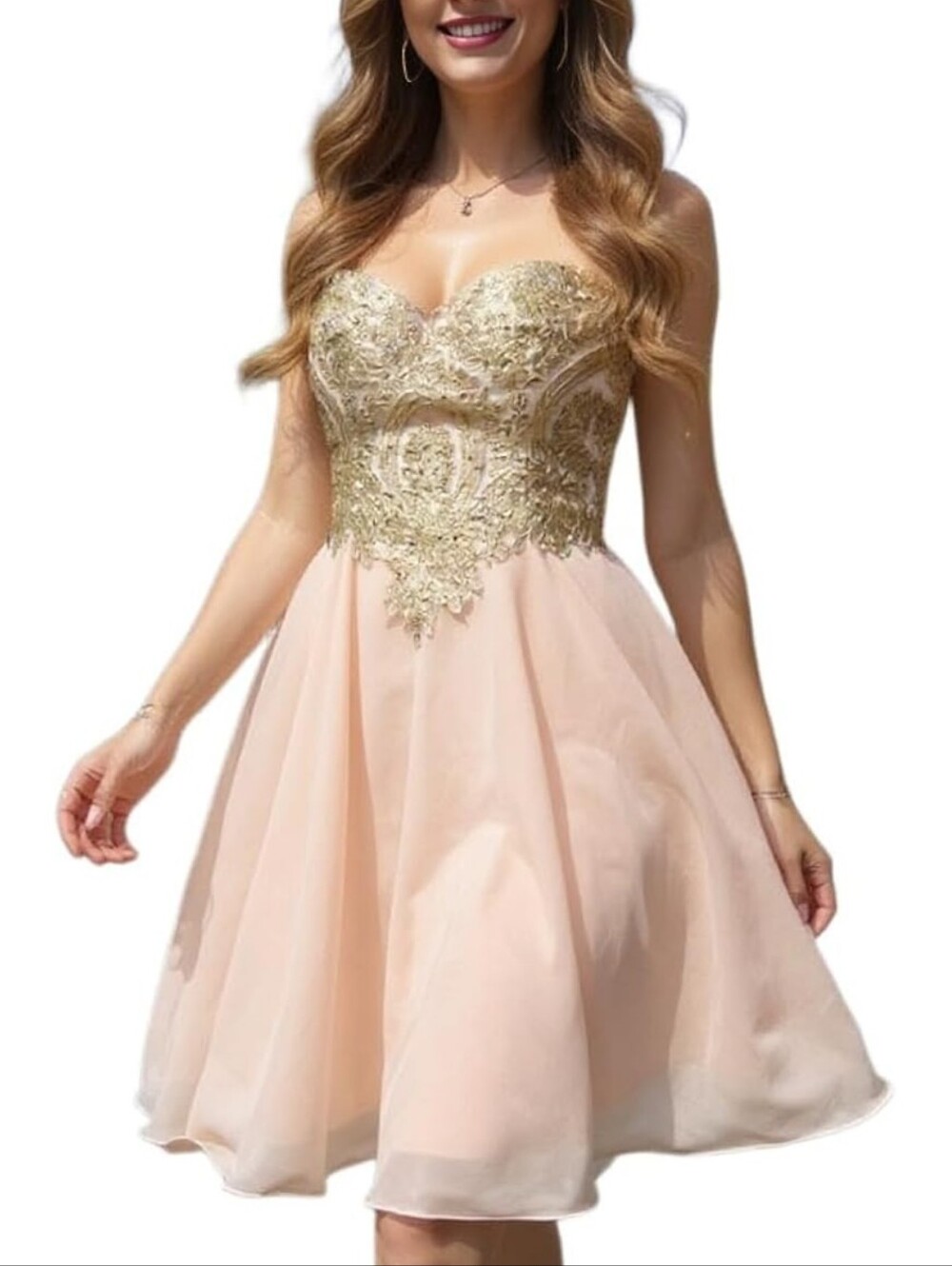 Gold-Embellished Blush Mini Dress with Sweetheart Neckline - Picture 4 of 5